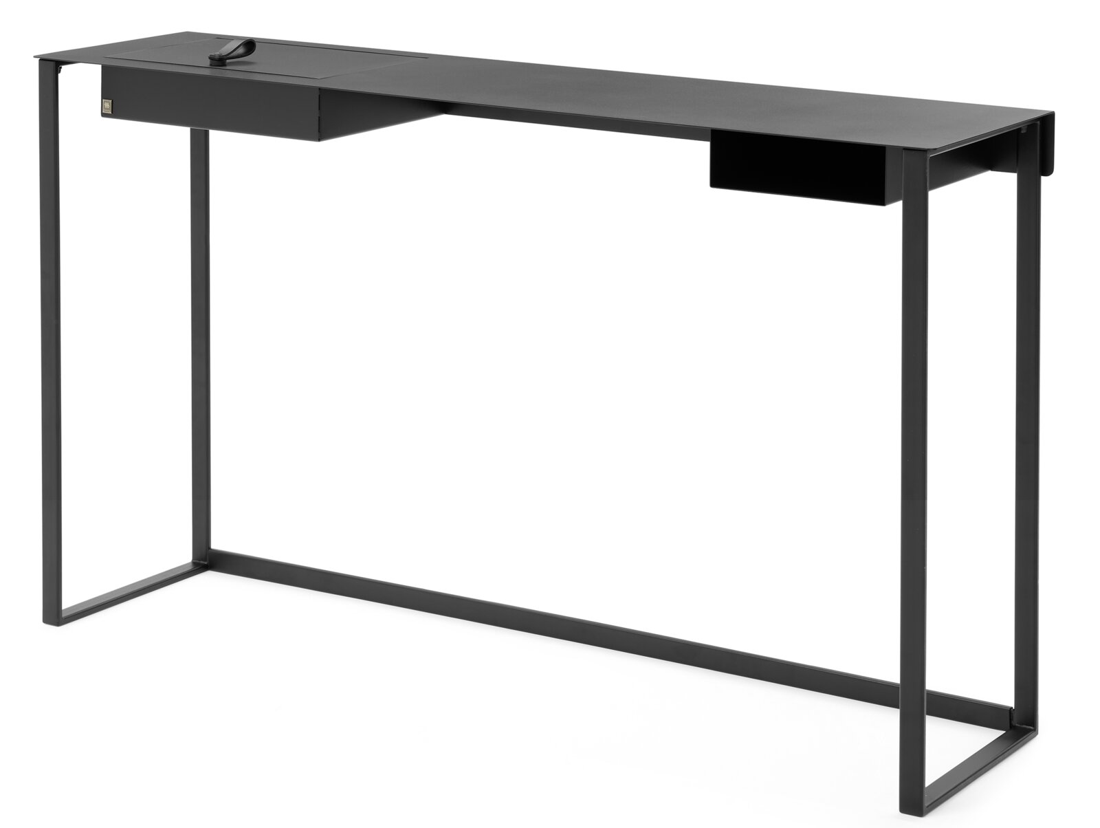 Schwarzer Konsolentisch oder Schreibtisch aus Metall mit minimalistischem Design, seitliche Perspektive