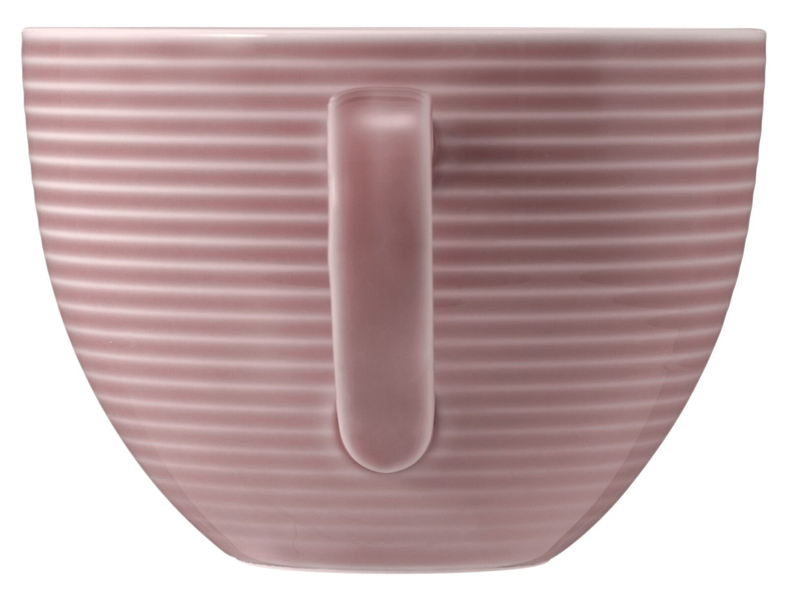 Seitenansicht einer rosa Milchkaffeeobertasse mit geriffelter Oberfläche und Henkel.