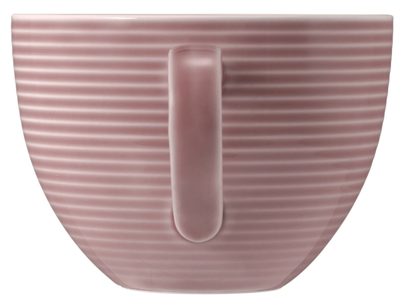 Seitenansicht einer rosa Milchkaffeeobertasse mit geriffelter Oberfläche und Henkel.