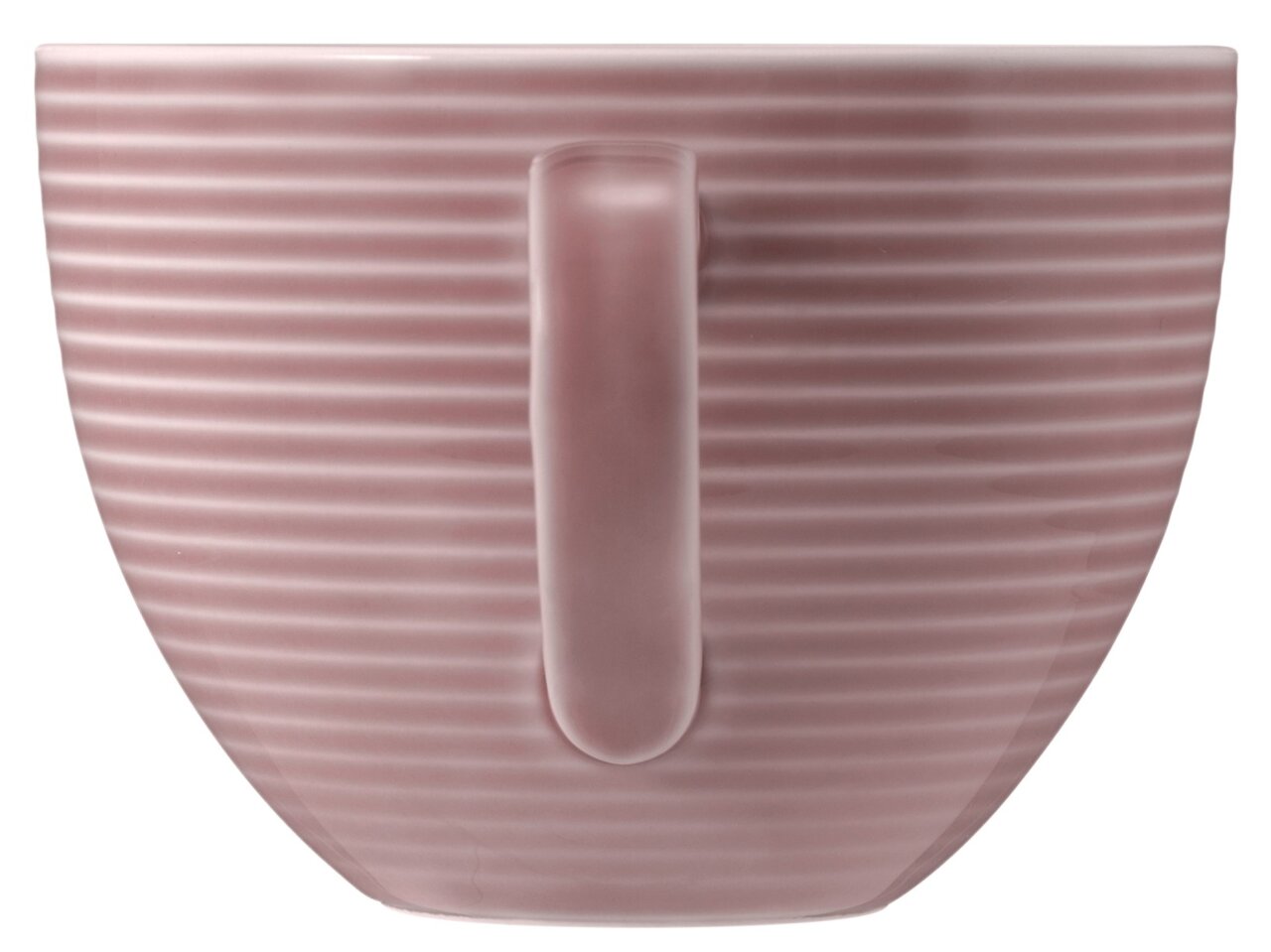 Zijaanzicht van een roze koffiekopje met geribbeld oppervlak en oor.