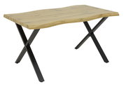 Moderner Esstisch mit wellenförmiger Holzplatte und schwarzen Metallbeinen, seitliche Perspektive.