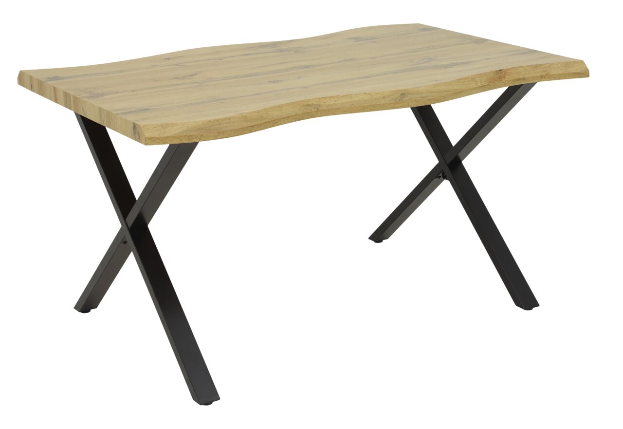 Moderner Esstisch mit wellenförmiger Holzplatte und schwarzen Metallbeinen, seitliche Perspektive.