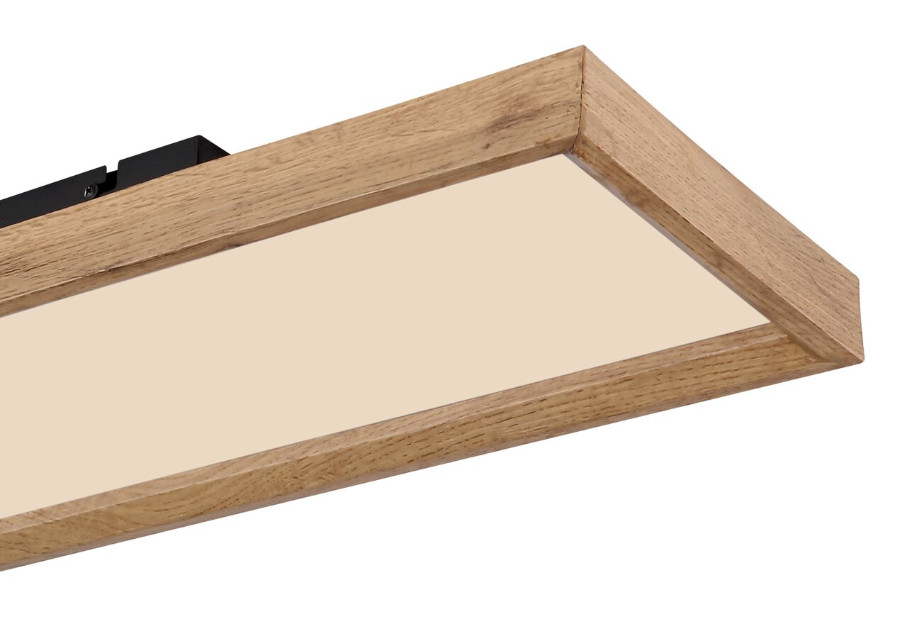 Nahaufnahme einer modernen Deckenleuchte mit Holzrahmen, seitliche Perspektive