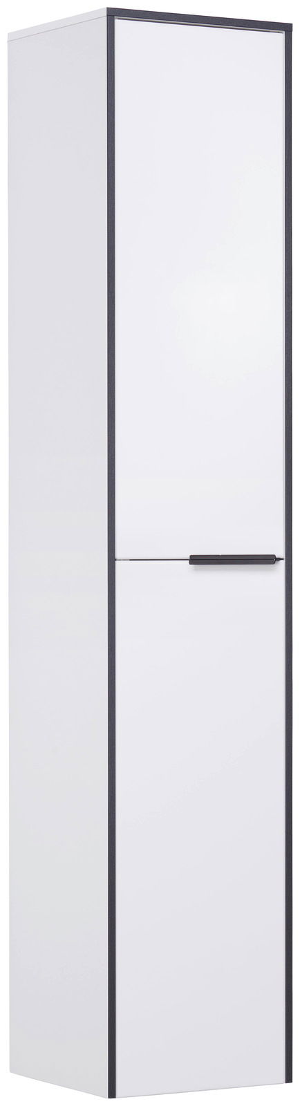 Weißer Hochschrank mit schwarzem Rand und Griff, perspektivisch von vorne links betrachtet.