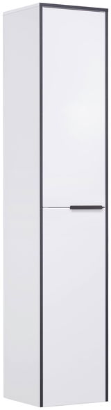 Weißer Hochschrank mit schwarzem Rand und Griff, perspektivisch von vorne links betrachtet.