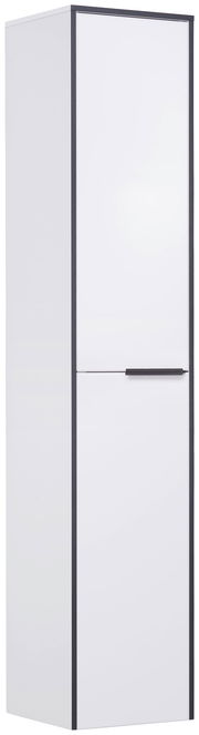 Weißer Hochschrank mit schwarzem Rand und Griff, perspektivisch von vorne links betrachtet.
