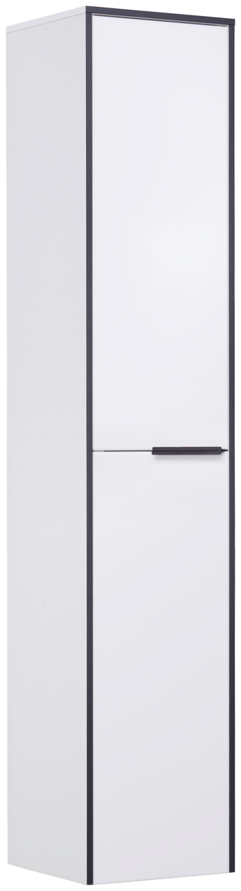 Weißer Hochschrank mit schwarzem Rand und Griff, perspektivisch von vorne links betrachtet.