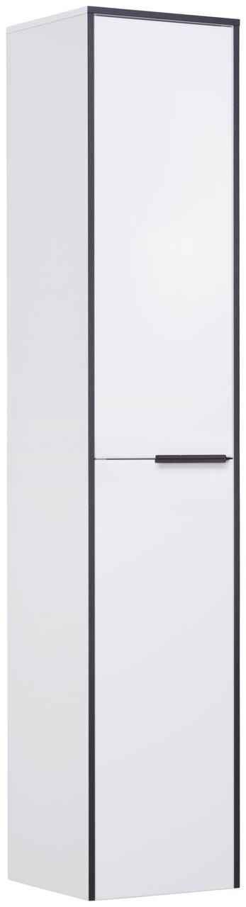 Weißer Hochschrank mit schwarzem Rand und Griff, perspektivisch von vorne links betrachtet.