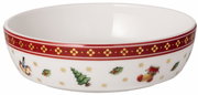 Weiße Schale mit weihnachtlichen Motiven wie Weihnachtsbaum, Stechpalmenblättern und rotem Rand, seitliche Perspektive