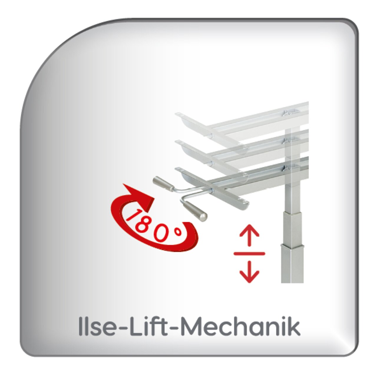 Mechanismus eines Beistelltisches mit Ilse-Lift-Technik, seitliche Perspektive, zeigt 180-Grad-Drehung und Höhenverstellung.