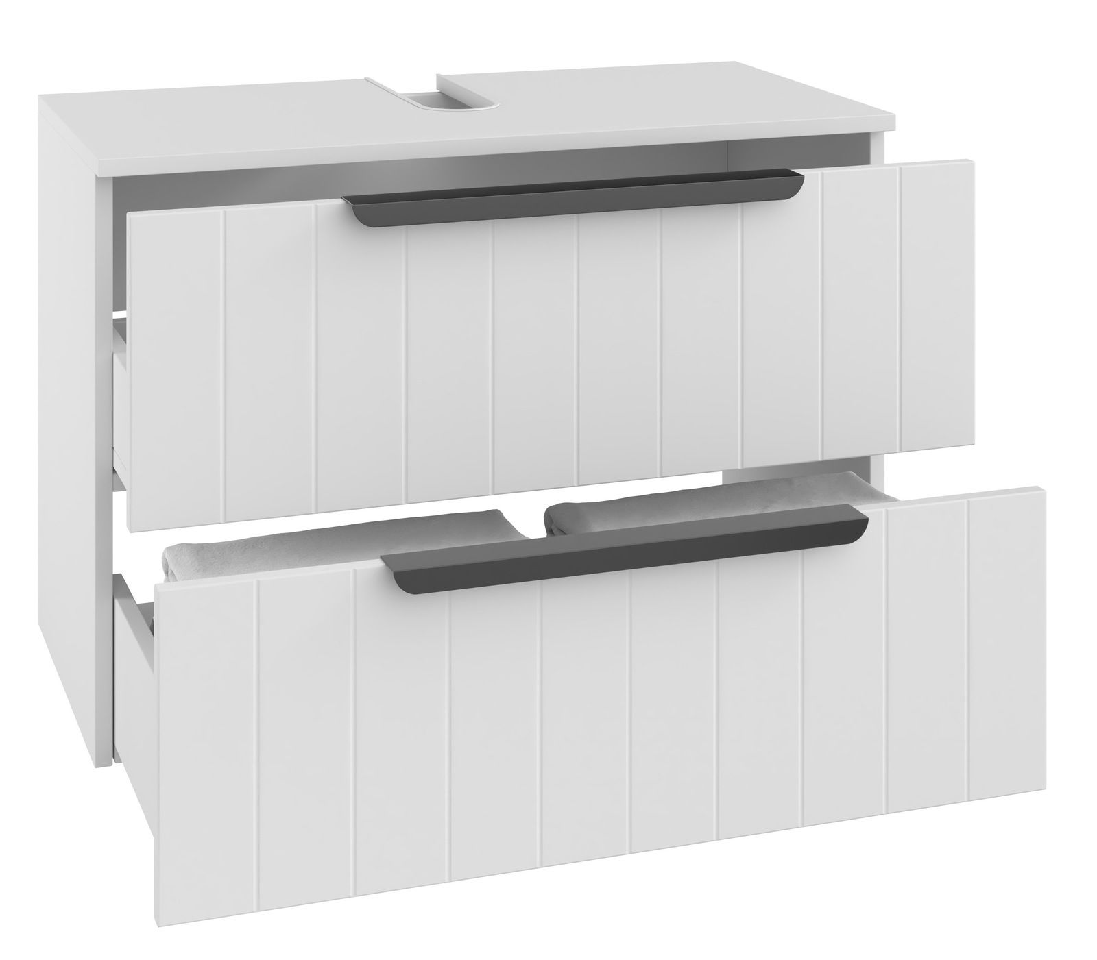 XORA Waschbeckenunterschrank ITALLO Weißer Waschbeckenunterschrank mit zwei geöffneten Schubladen, Frontansicht
