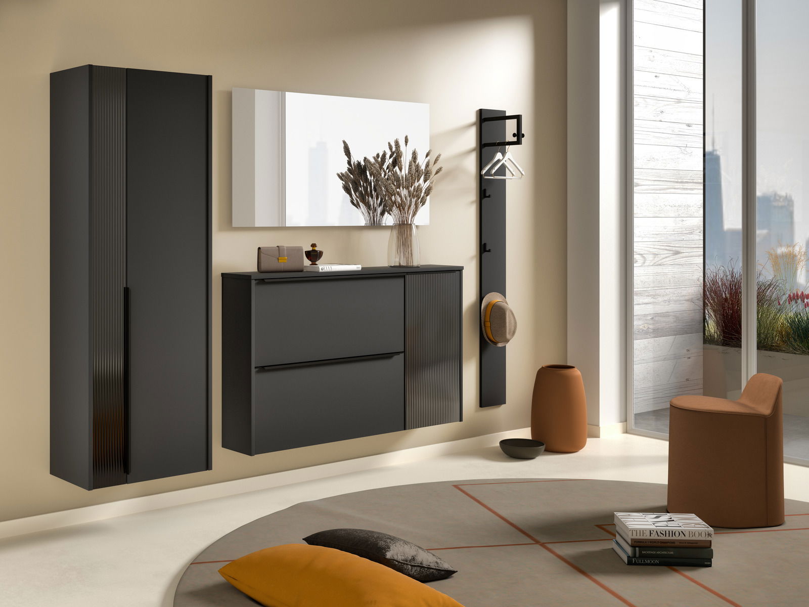 Dieter Knoll Hängegarderobenschrank TURIN Moderne Garderobeneinrichtung mit schwarzem Hängeschuhschrank, Spiegel und Garderobenpaneel in einem hellen Raum mit Blick auf die Stadt.