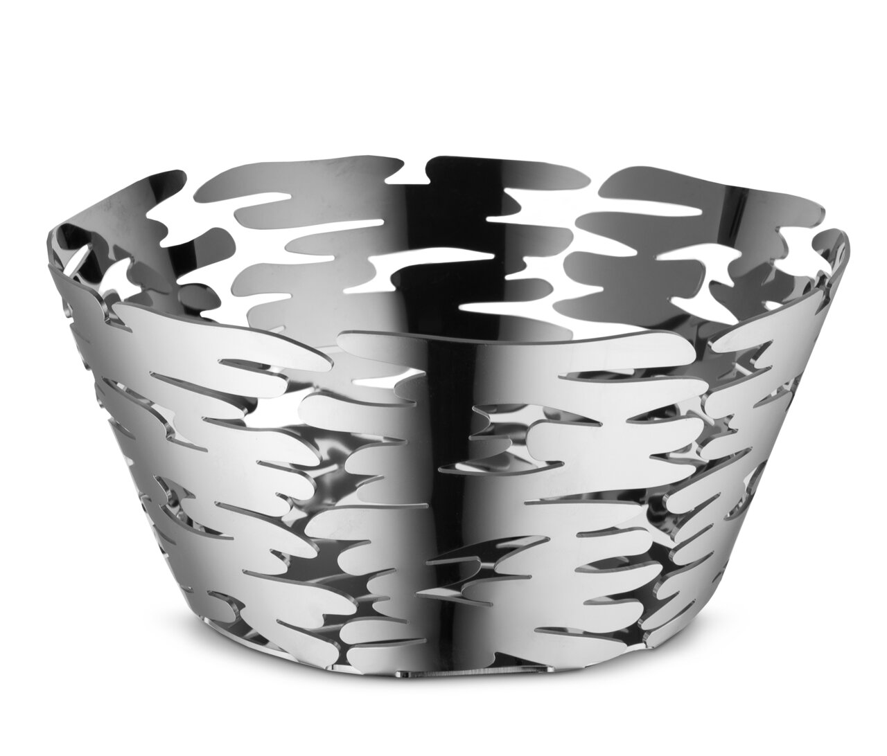 Moderne Korbschale aus Edelstahl mit ausgeschnittenem Design, seitliche Perspektive