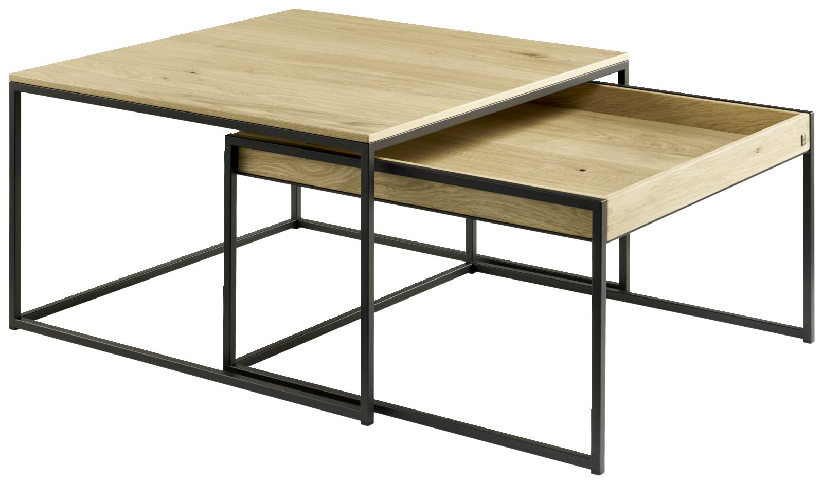 Moderner Couchtisch aus Holz mit schwarzem Metallrahmen, seitliche Perspektive