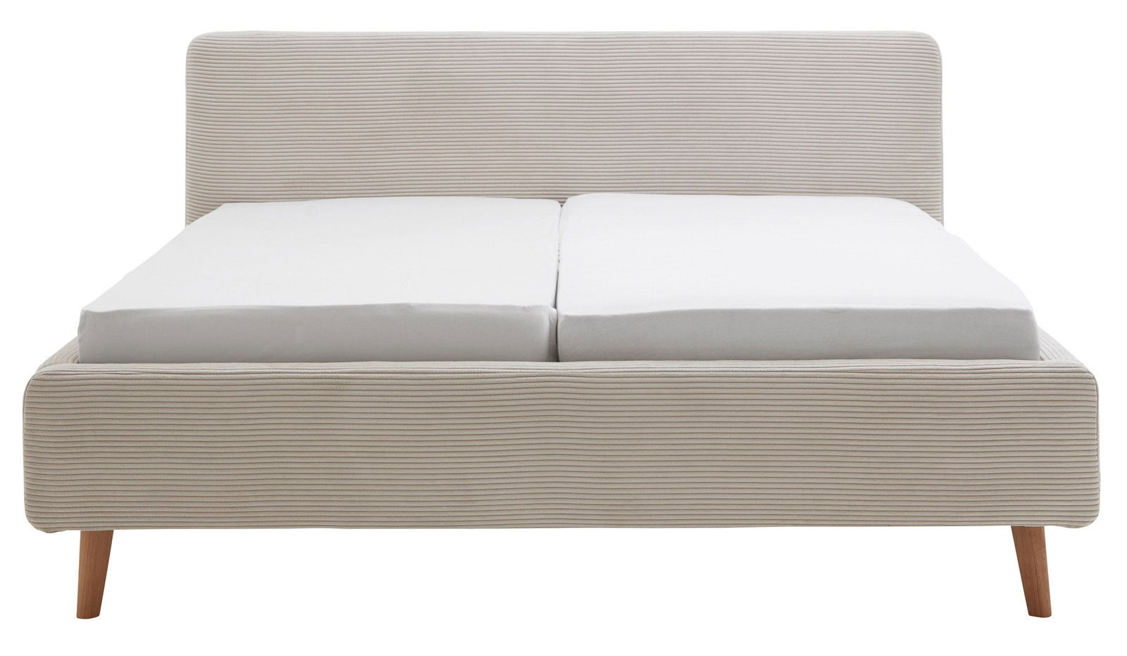 Frontale Ansicht eines Polsterbetts mit gestreiftem Stoffbezug und Holzbeinen.