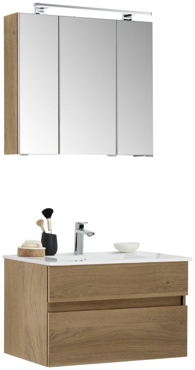 Moderner Badblock mit Spiegelschrank und Waschbeckenunterschrank in Holzoptik, frontal betrachtet.
