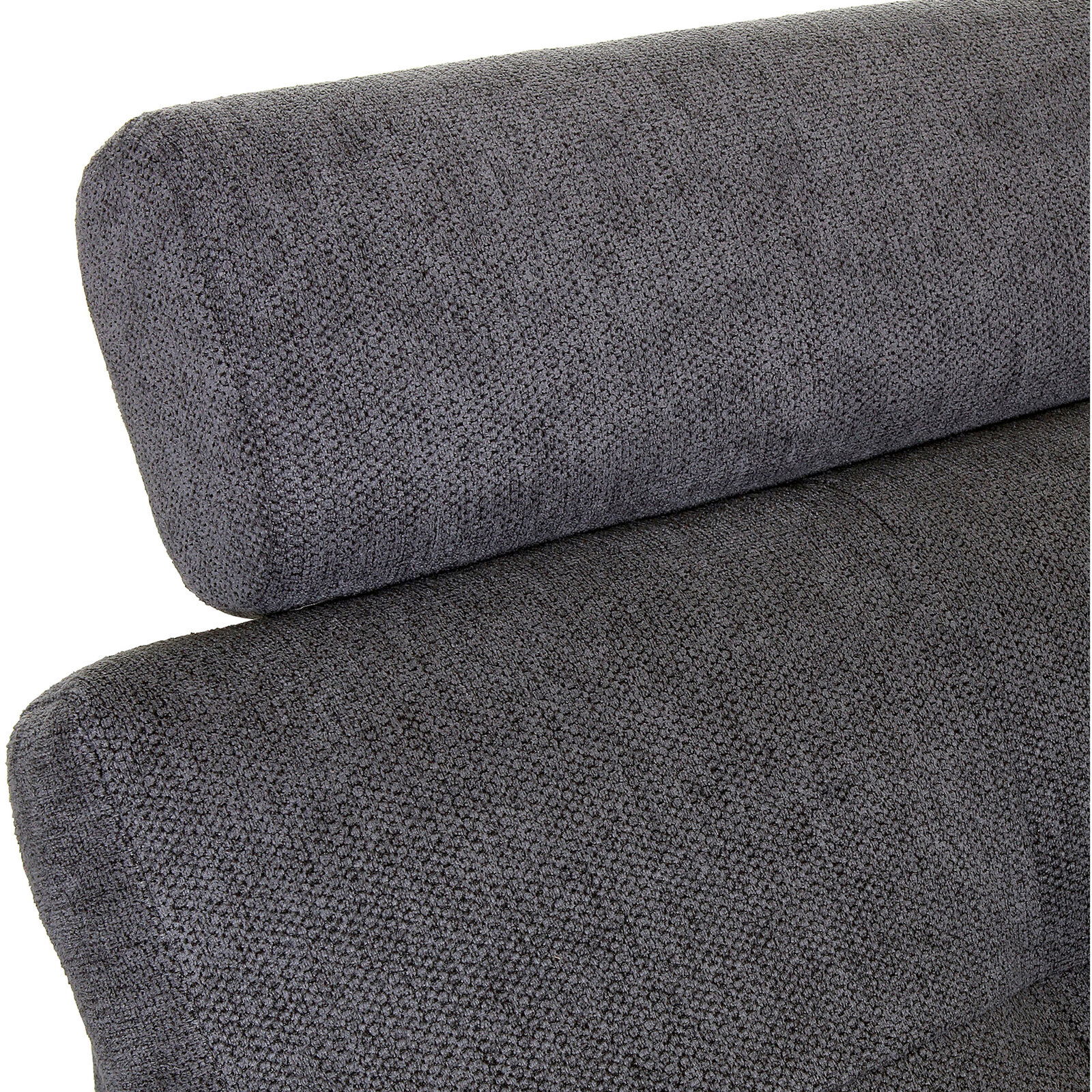 Nahaufnahme einer grauen, strukturierten Polsterung eines Sofas aus seitlicher Perspektive.