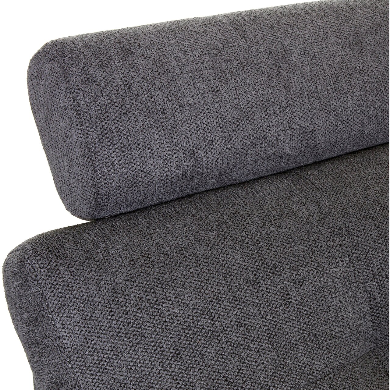 Nahaufnahme einer grauen, strukturierten Polsterung eines Sofas aus seitlicher Perspektive.
