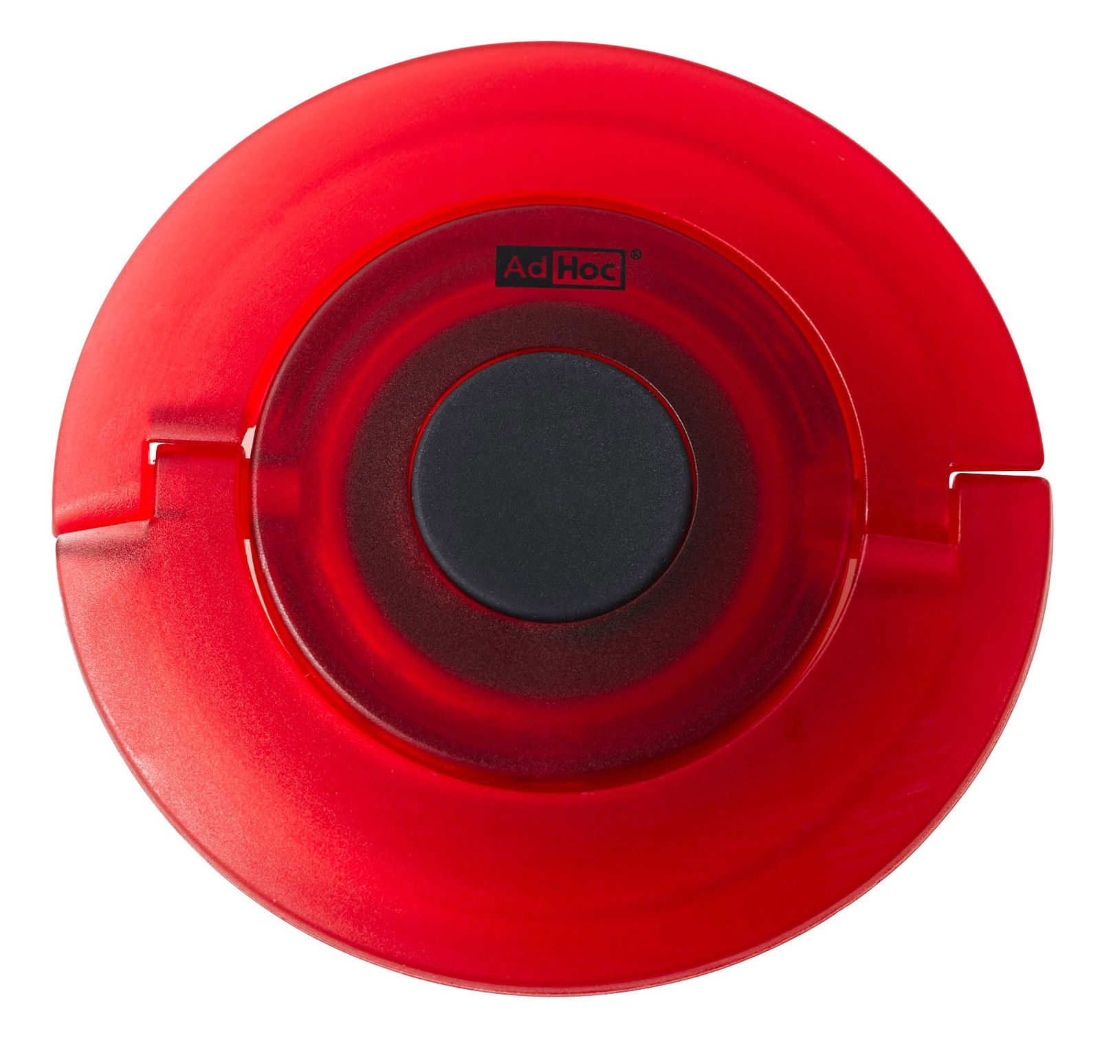 Ad Hoc Sekt- und Champagnerverschluss Roter Sekt- und Champagnerverschluss von oben betrachtet, mit schwarzem Mittelteil und AdHoc-Logo.