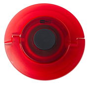 Roter Sekt- und Champagnerverschluss von oben betrachtet, mit schwarzem Mittelteil und AdHoc-Logo.