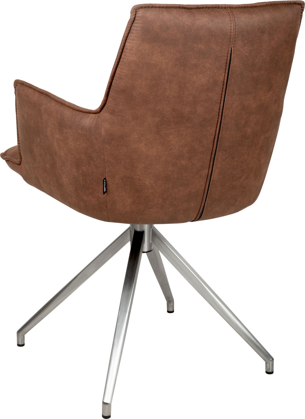 Brauner Polster-Drehstuhl in Lederoptik mit Armlehnen und silbernem Metall-Sternfuß, Ansicht schräg von hinten/seitlich vor weißem Hintergrund