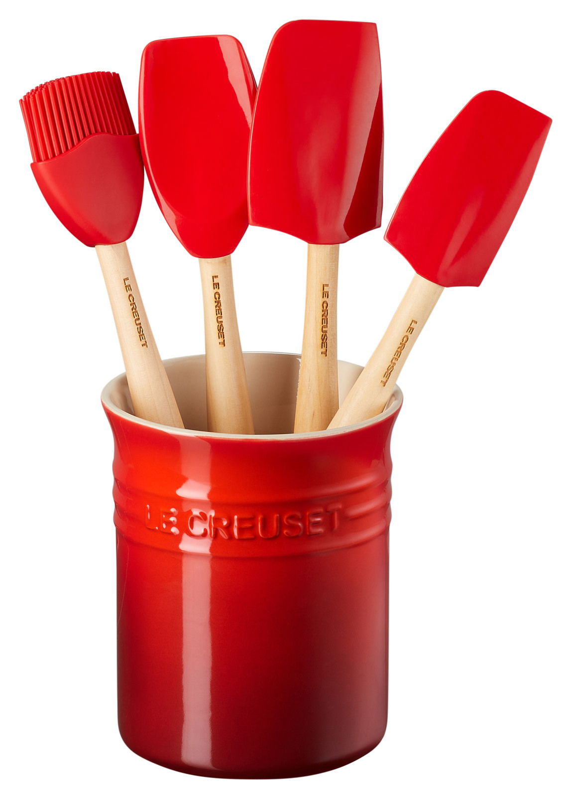 Rotes Küchenhelfer-Set bestehend aus vier Teilen in einem passenden roten Behälter, frontal betrachtet.