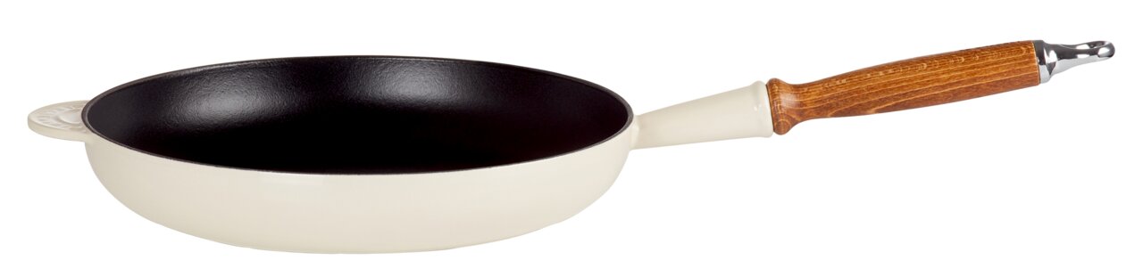 Bratpfanne 28cm Creme mit Holzgriff, seitliche Perspektive