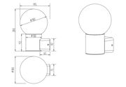 Technische Zeichnung einer Aussenwandleuchte mit kugelförmigem Lampenschirm, seitliche und frontale Ansicht.