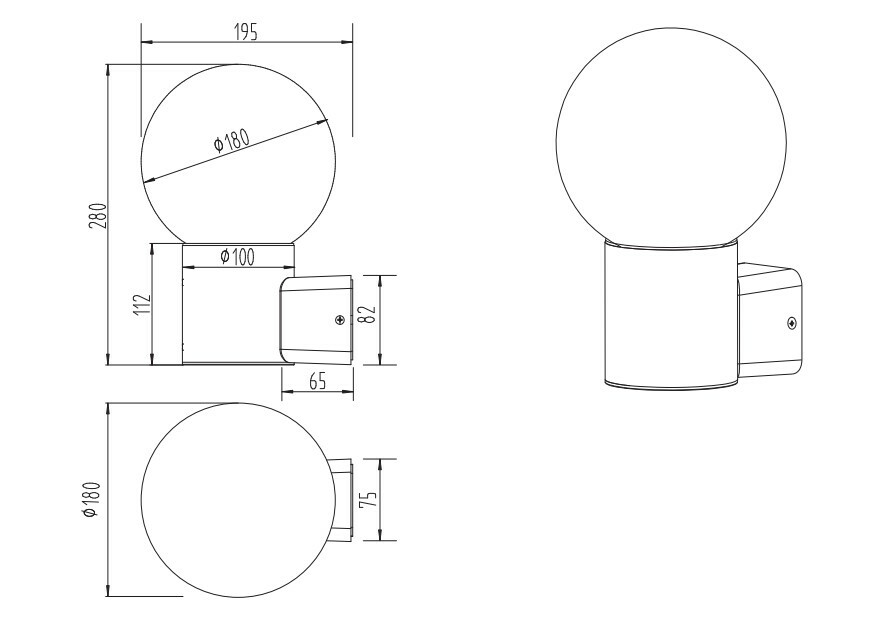 Technische Zeichnung einer Aussenwandleuchte mit kugelförmigem Lampenschirm, seitliche und frontale Ansicht.