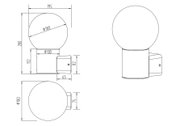 Technische tekening van een buitenwandlamp met bolvormige lampenkap, zijaanzicht en vooraanzicht.