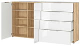 XL-Sideboard mit offenen Schubladen und Türen, Holzoptik und weiße Fronten, seitliche Perspektive