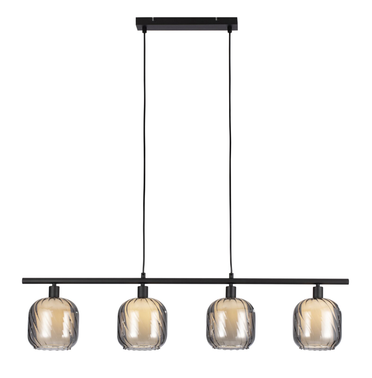 Moderne Hängeleuchte mit vier kugelförmigen, geriffelten Glasschirmen in Frontalansicht.