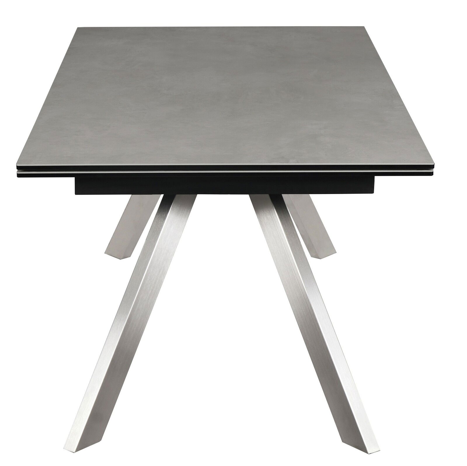 Moderner Esstisch mit rechteckiger grauer Tischplatte und schrägen Metallbeinen, Frontalansicht
