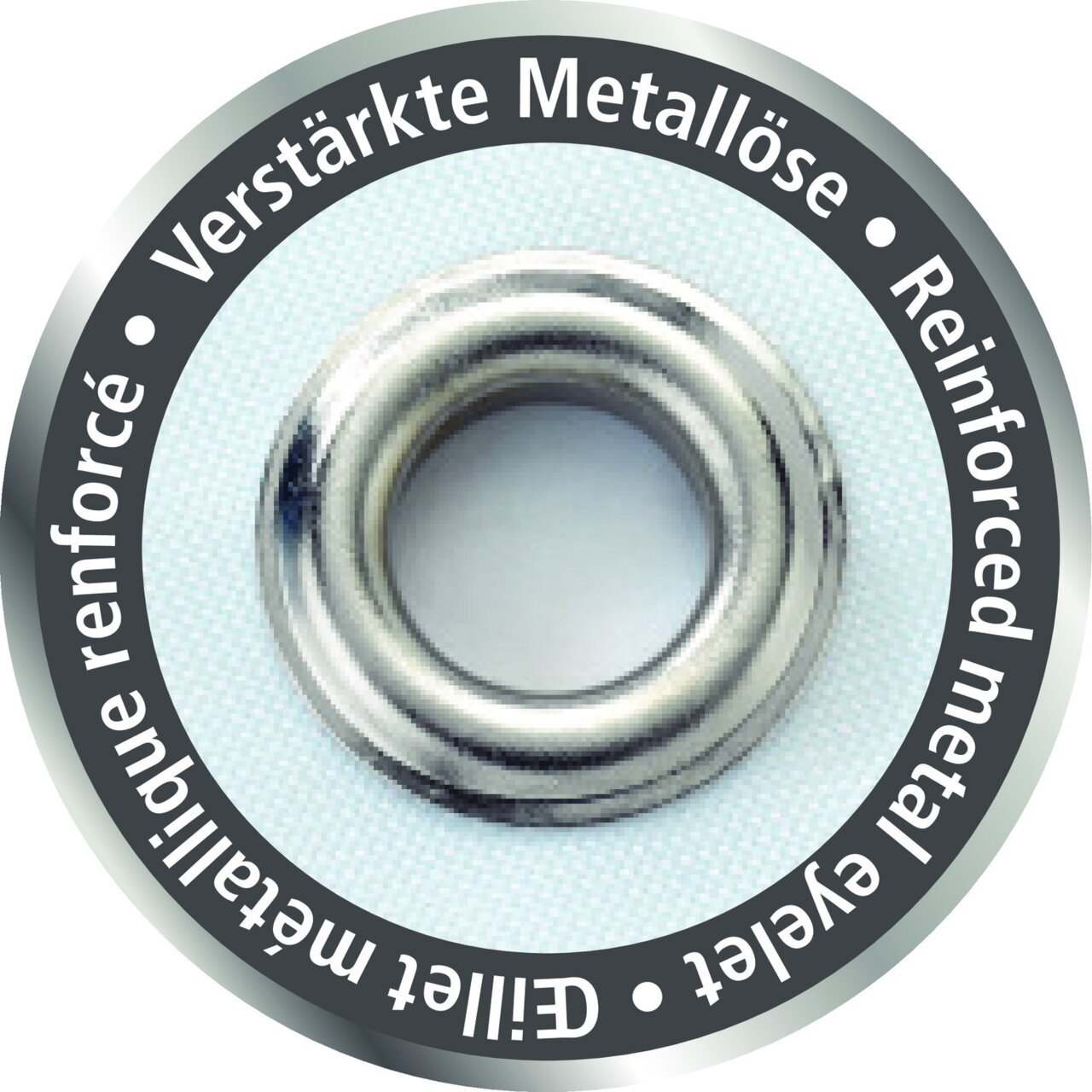 Nahaufnahme einer verstärkten Metallöse für einen Duschvorhang, umgeben von einem Kreis mit mehrsprachigem Text.