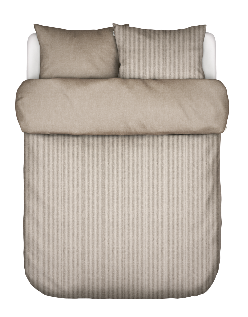 Bettwäsche-Set in Beige, bestehend aus einem Bettbezug und zwei Kissenbezügen, aus der Vogelperspektive fotografiert.