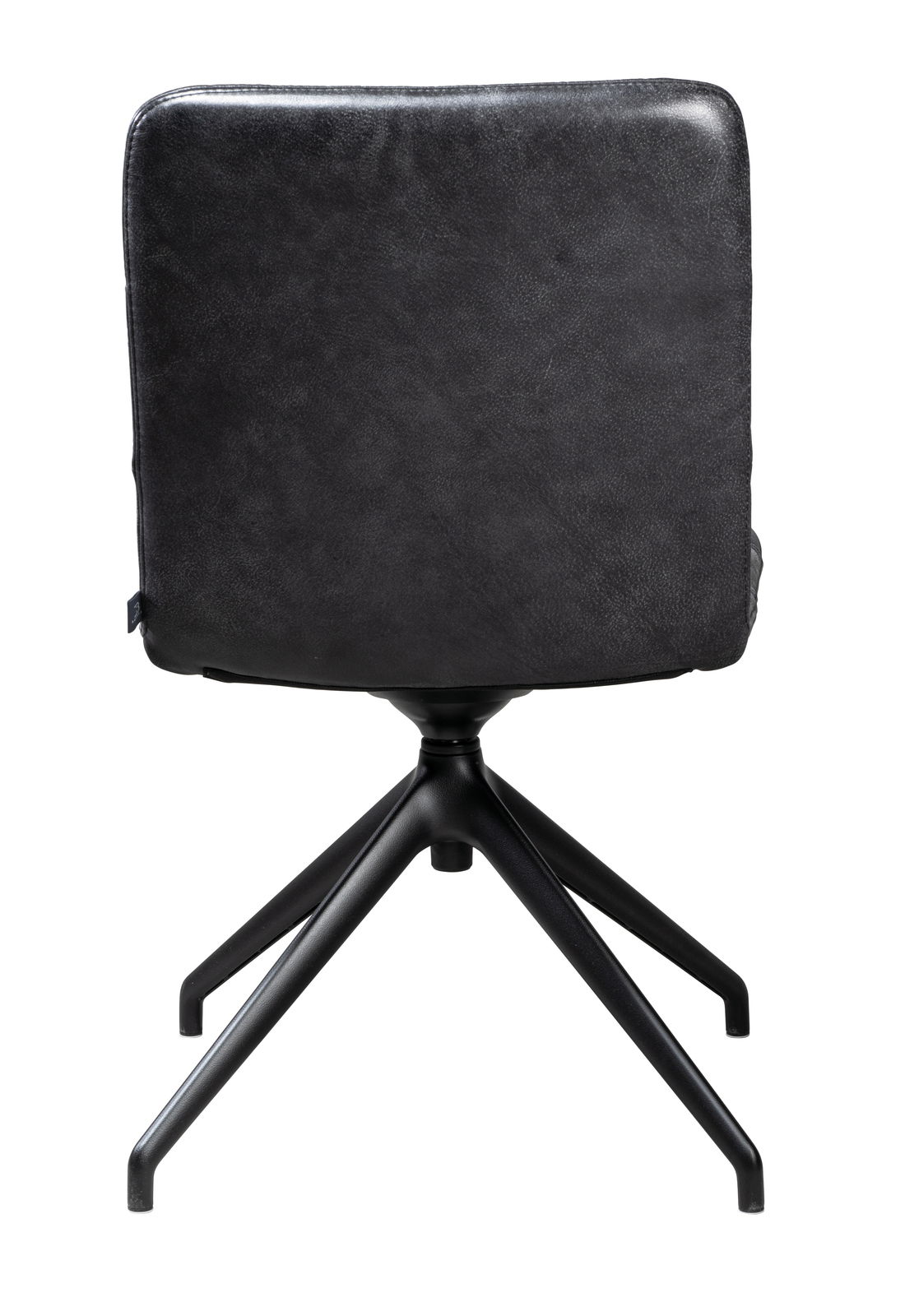Rückansicht eines schwarzen Stuhls mit Metallgestell und vier Beinen.