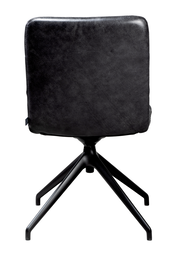 Rückansicht eines schwarzen Stuhls mit Metallgestell und vier Beinen.