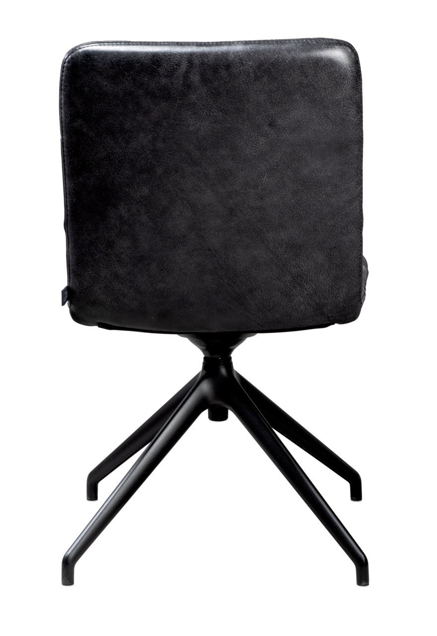 Rückansicht eines schwarzen Stuhls mit Metallgestell und vier Beinen.