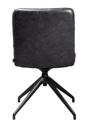 Rückansicht eines schwarzen Stuhls mit Metallgestell und vier Beinen.