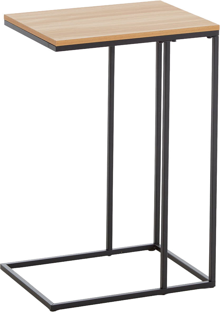 Schmaler Beistelltisch in C-Form mit heller Holzplatte und schwarzem Metallgestell, freigestellt auf weißem Hintergrund, in leicht schräger Frontansicht von oben
