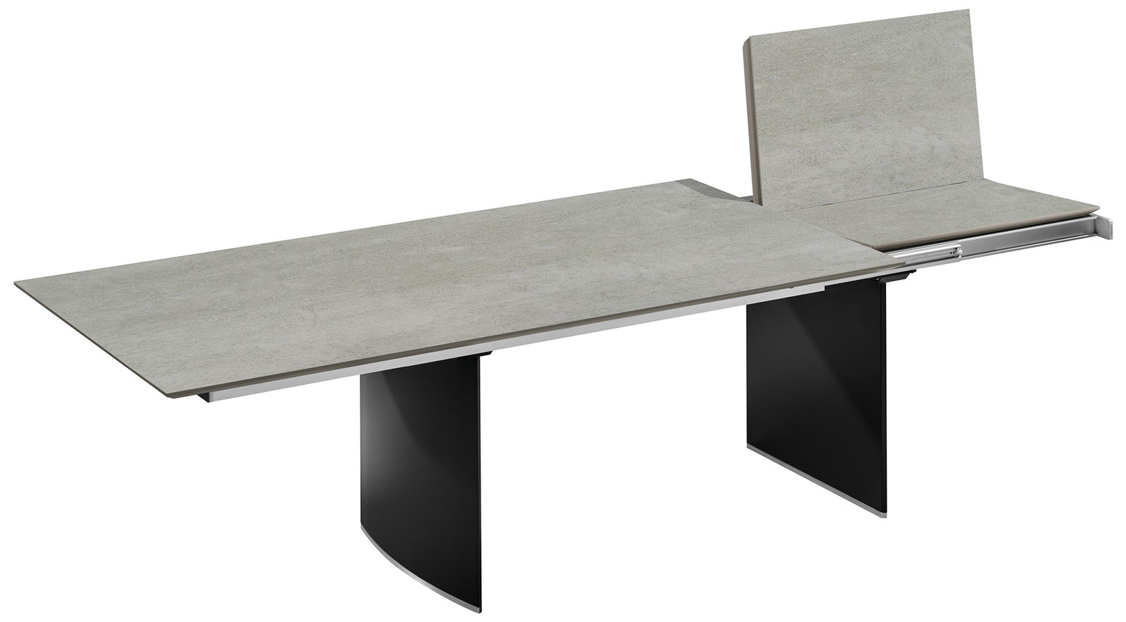 Moderner Esstisch mit ausziehbarer Platte in Betonoptik, seitliche Perspektive