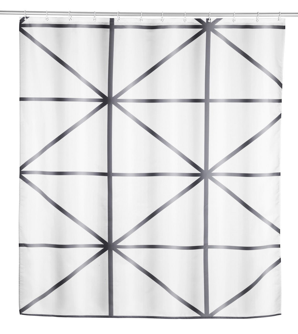 Duschvorhang mit geometrischem Muster in Schwarz-Weiß, frontal aufgenommen