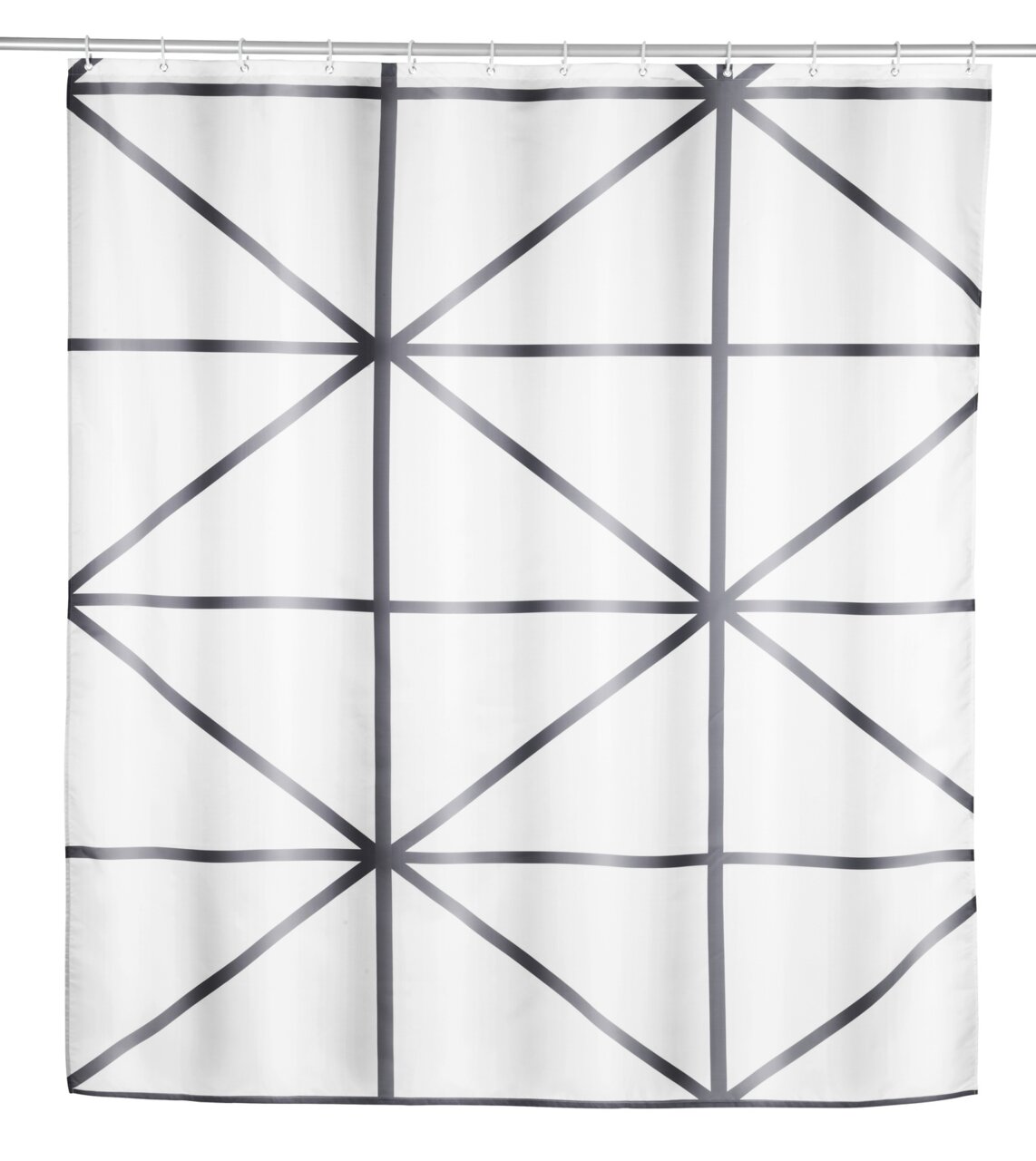 Duschvorhang mit geometrischem Muster in Schwarz-Weiß, frontal aufgenommen