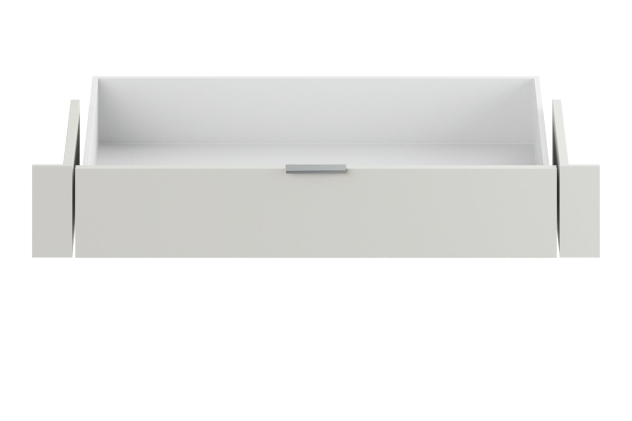 Weiße Innenschublade, frontal betrachtet, mit schlichtem Design und einem Griff in der Mitte.