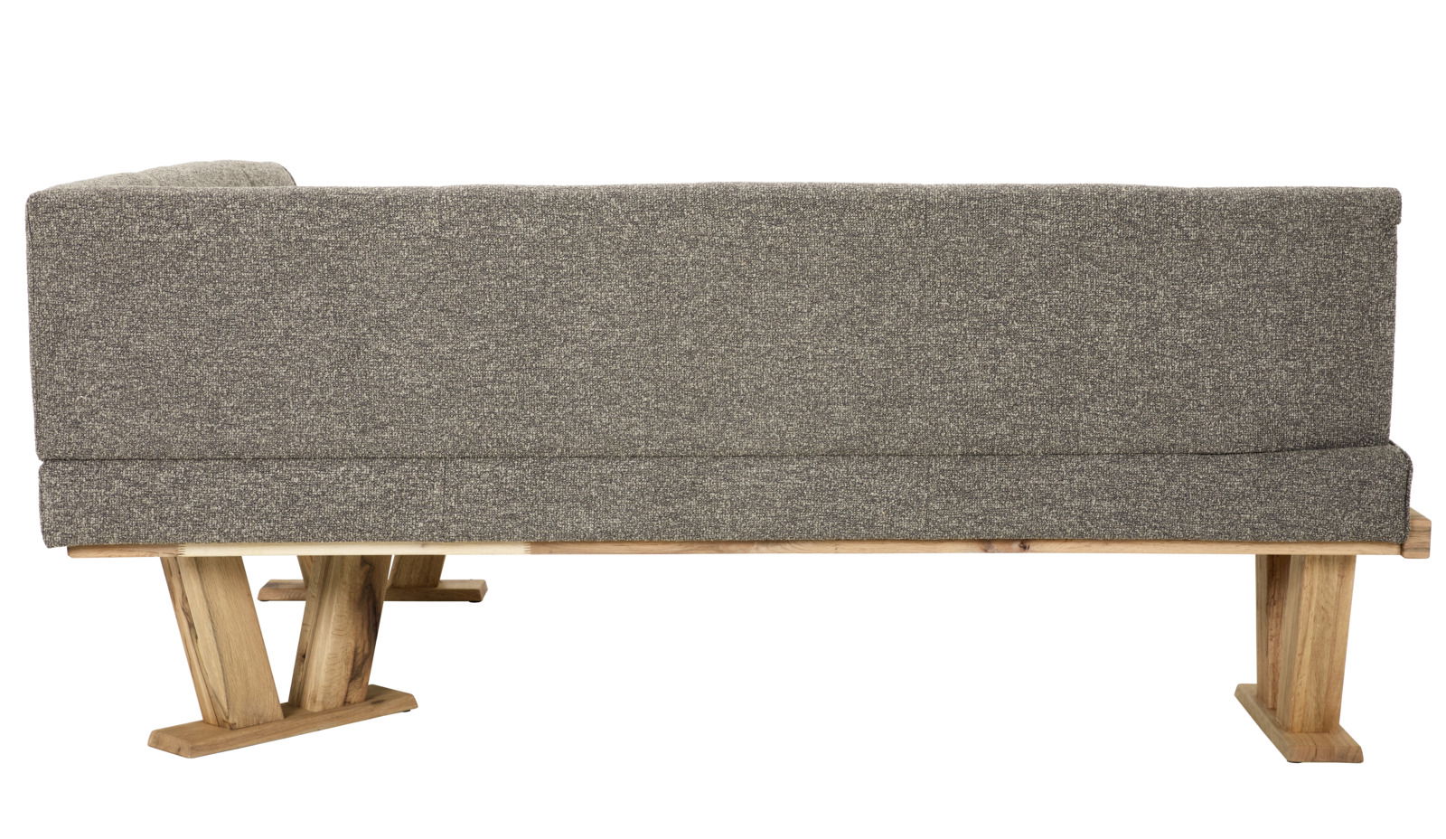 Rückansicht einer grauen Eckbank mit Holzfüßen