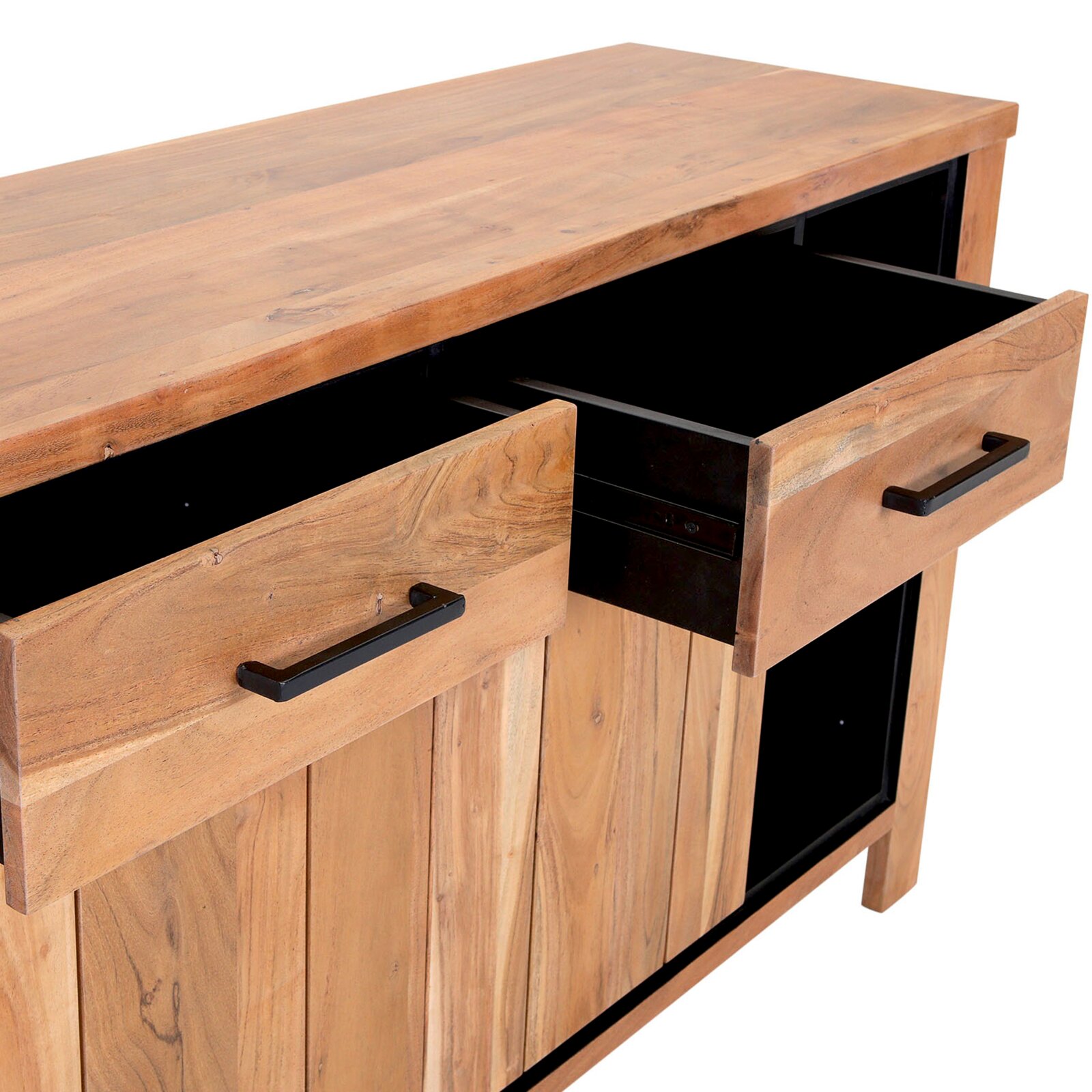 Holz-Sideboard mit zwei offenen Schubladen, aus einer schrägen Perspektive fotografiert.