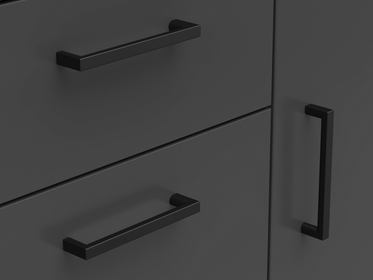 Carryhome Kommode MULTISTAURAUM Nahaufnahme einer schwarzen Kommode mit modernen, rechteckigen Griffen, seitliche Perspektive