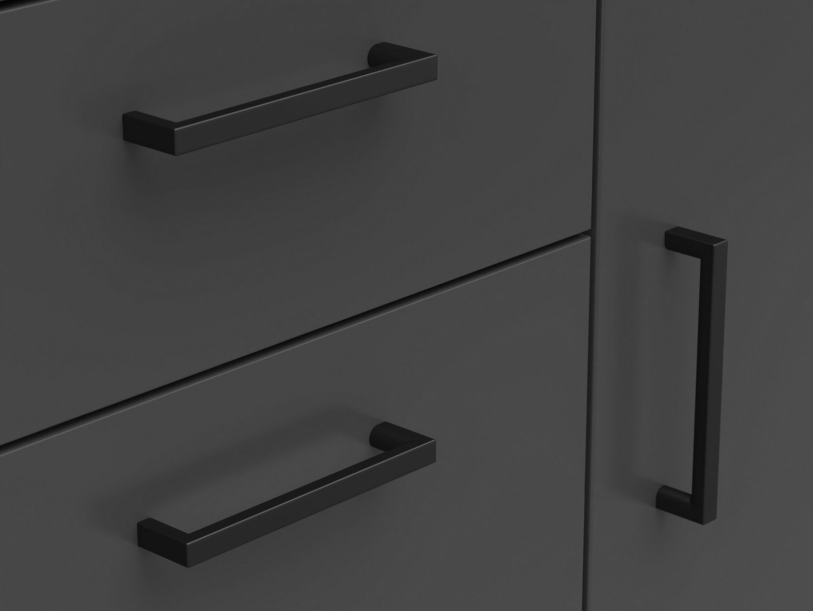 Nahaufnahme einer schwarzen Kommode mit modernen, rechteckigen Griffen, seitliche Perspektive