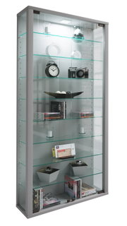 Moderne Glasvitrine mit grauem Rahmen und mehreren Glasböden, gefüllt mit Deko-Objekten und Büchern; frontale Ansicht leicht von links