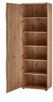 Offener Garderobenschrank aus Holz mit mehreren Regalböden, seitliche Perspektive